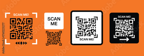 QR code scanning icon pack with smartphone graphics, scan me labels, and digital access symbols perfect for mobile payment, app login, and contactless id verification