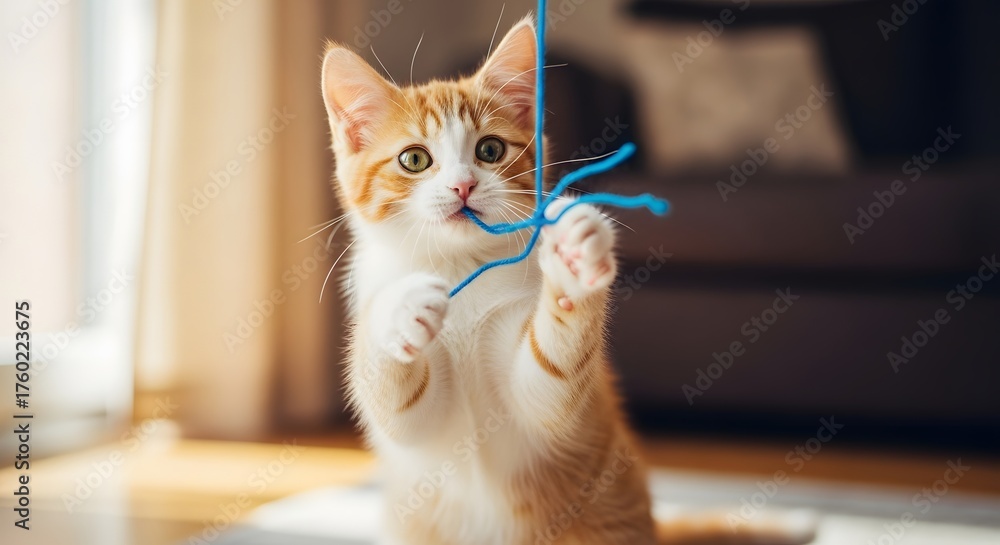 © blez - Playful ginger and white kitten engaged with a blue string indoors