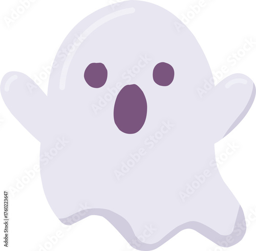 Cartoon ghost with open mouth and raised arms, Halloween themed.