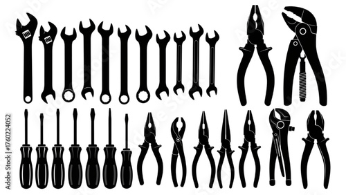 High-Quality Black Silhouette Art of Automotive Tools – Wrenches, Screwdrivers, Pliers, and Repair Equipment Illustration