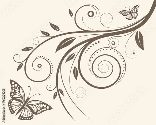 Butterfly and floral design with swirling vines and leaves