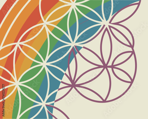 Geometric flower of life pattern with rainbow arc on a light background