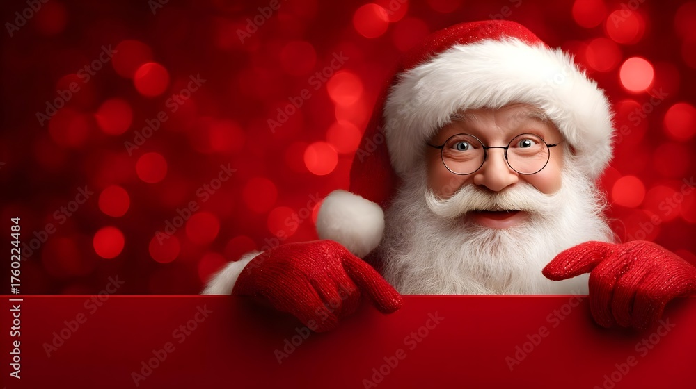 Naklejka premium Christmas santa claus pointing blank advertising banner of positivity, humor, sparkle