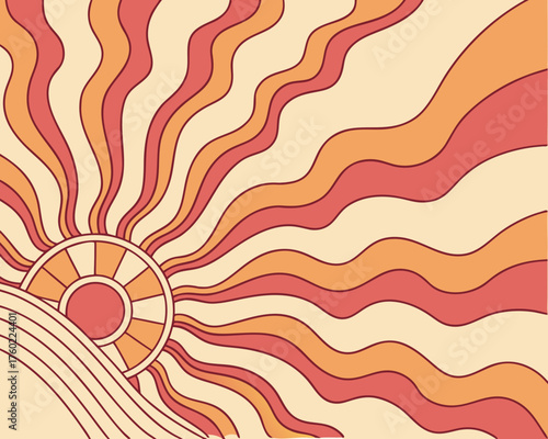 Retro sun rays background with wavy lines in vintage colors illustration