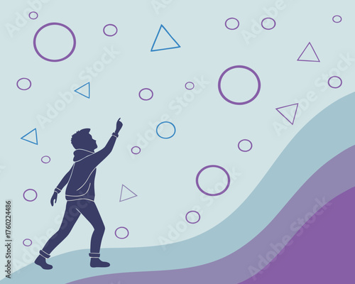 Silhouette of a man reaching for geometric shapes on a wavy background