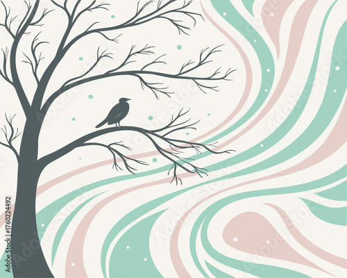 Silhouette of a crow perched on a bare tree branch
