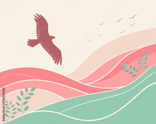 A bird soars over a stylized landscape with rolling hills and foliage