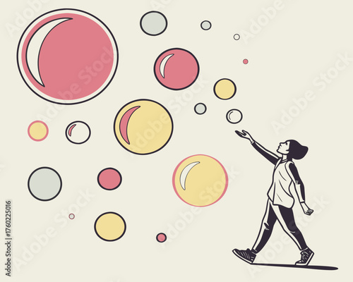 A girl reaching for colorful bubbles floating in the air with a light background