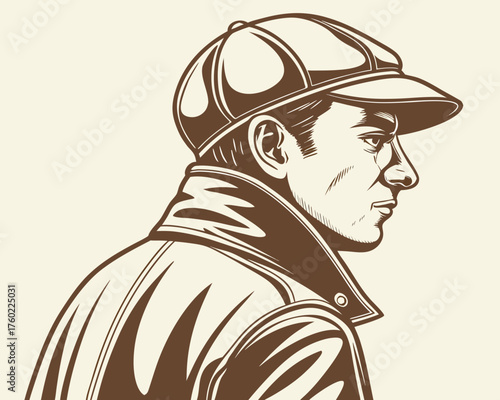 A man in a cap and jacket looks to the side in a vintage illustration