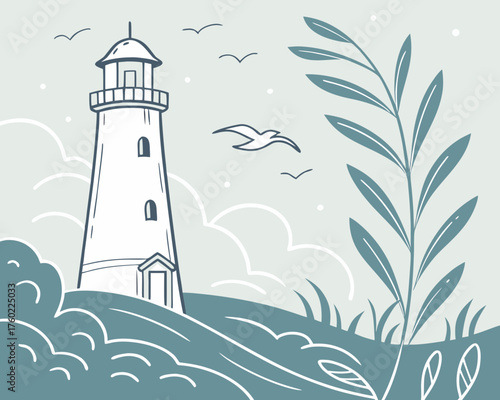 A picturesque lighthouse stands tall on a hill near the ocean shore