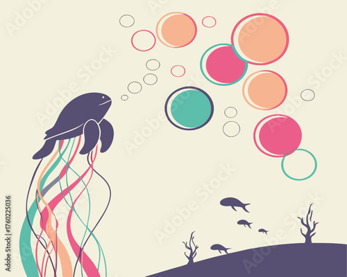 A sea turtle blowing bubbles underwater with fish and coral on the seabed