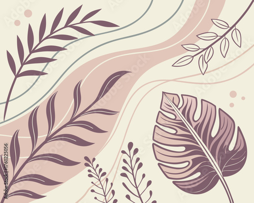 Abstract botanical background with leaves and wavy lines in earthy tones