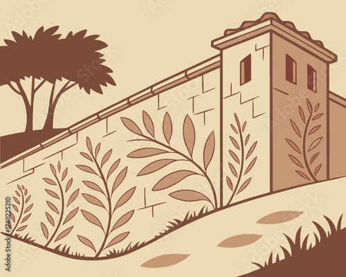 Illustration of a fortified wall with vegetation, creating a sense of history
