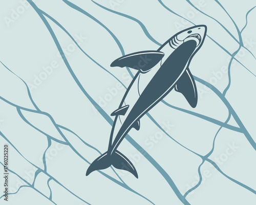 Illustration of a shark swimming in the ocean with wavy pattern background