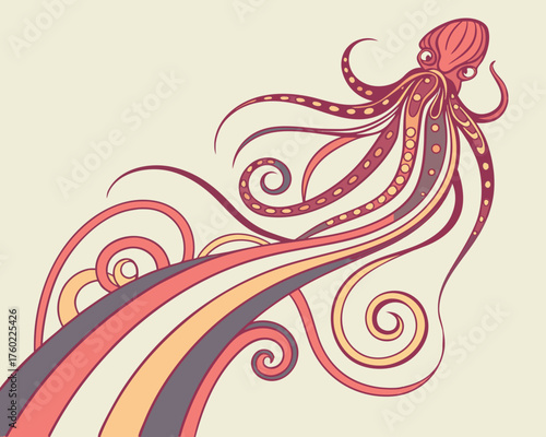 Stylized octopus with colorful tentacles on a light beige background