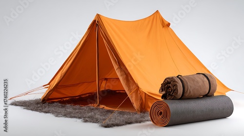Orange camping tent with sleeping bags and mat isolated on white background