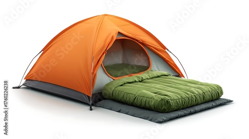 Orange camping tent with sleeping bag and mat isolated on white background