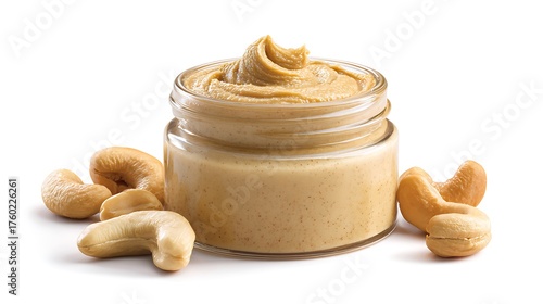 Jar of creamy cashew butter with whole cashews isolated on white background