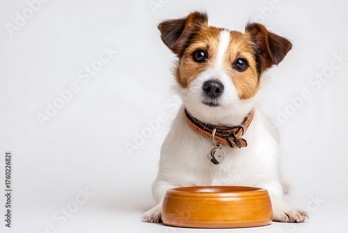 Cute jack russell terrier dog sitting with an empty food bowl isolated on white background