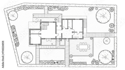 Black Line Drawing of House with Garden, Patio, Pathways, and Outdoor Furniture – Integrated Floor Plan Illustration