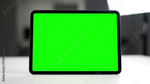 Workspace Innovation with close up of woman holding in hands a digital tablet green screen for internet online chromakey advertising distortion, overlay, glitch, static noise, scan lines on black