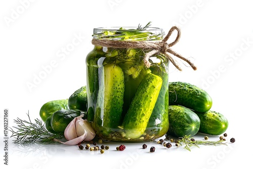 Jar of dill pickles with fresh cucumbers and spices isolated on white background