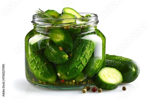 Jar of dill pickles with spices isolated on white background