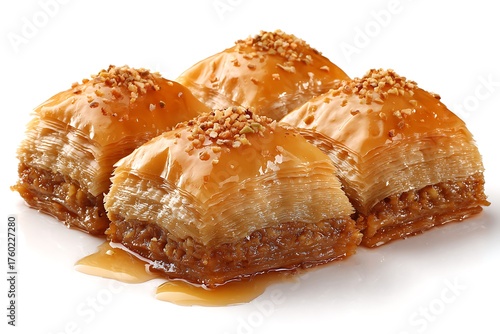 Four pieces of sweet honey baklava pastry isolated on white background