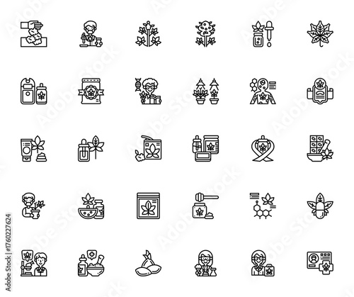 Cannabis icon set. Minimal line icons pack. Featurin weed, marijuana, THC, CBDoil, vape, medicinal, seed, clinical, endocannabinois and more. Vector illustrtion.