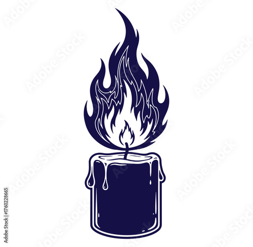 Dark blue burning candle illustration isolated on white background with detailed flame design