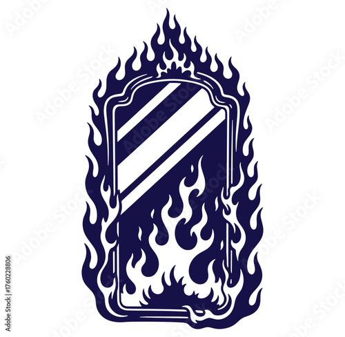 Dark blue burning mirror illustration with flames border perfect for tattoo designs and graphic resources