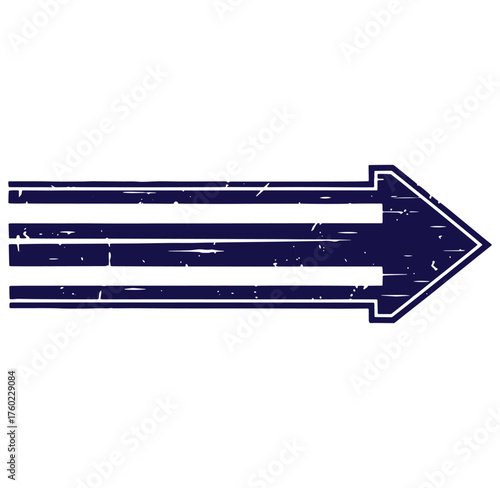 Distressed navy blue arrow with three horizontal lines pointing to the right on white background