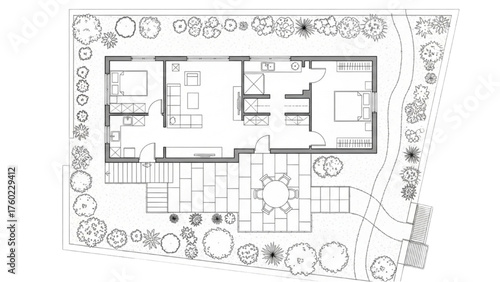 Black Line Floor Plan of House Surrounded by Garden, Patio, Pathways, and Outdoor Seating – Landscape and Architecture Layout