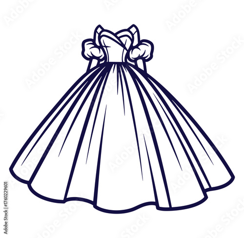 Elegant ball gown illustration with line art detailing perfect for fashion designs and templates