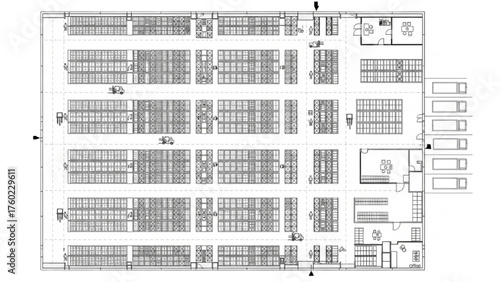Black Line Illustration of Warehouse Layout – Shelving, Loading Areas, Workflow Zones, and Industrial Floor Plan