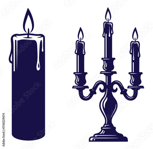 Elegant dark blue candle and candelabra silhouettes on a pure white background vector design