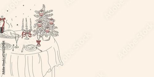 A minimalist poster featuring a Christmas table and decorations.An illustration of a table set with food, drinks,a Christmas tree, and candles.A hand-drawn New Years invitation with doodle elements.