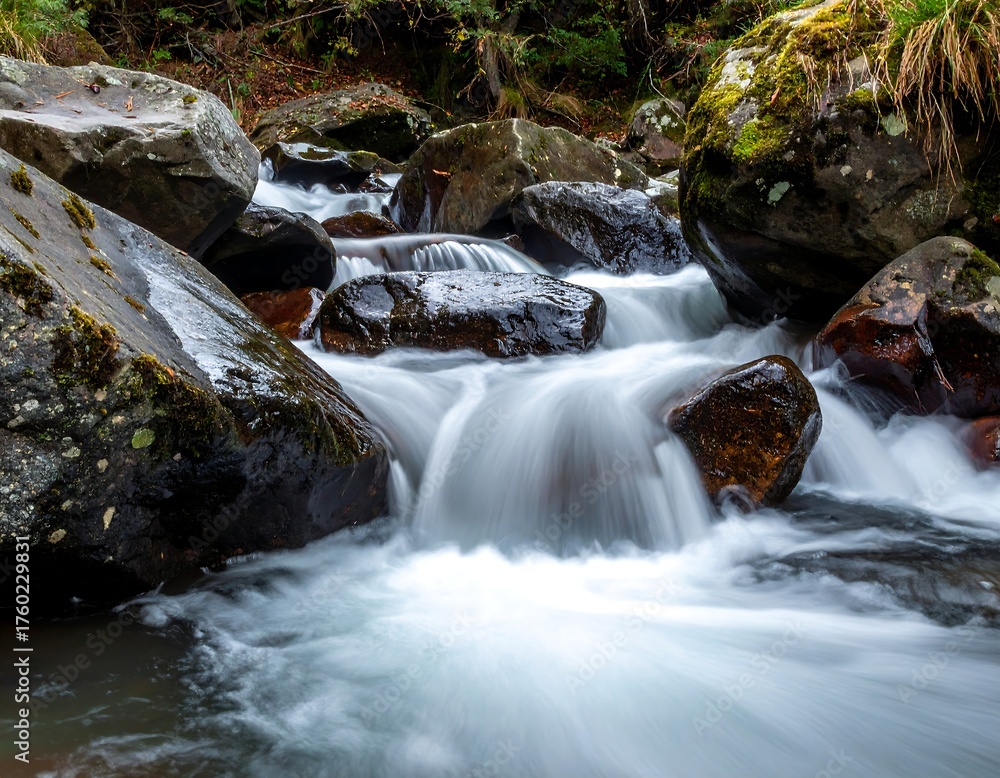 Fototapeta premium A long exposure captures flowing water around mossy boulders