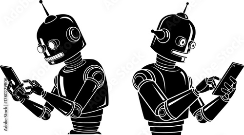 Retro-Futuristic Robot with Tablet Silhouette, Technology Vector