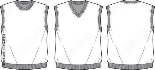Men’s sleeveless sweater vest vector template, front and back view, V-neck and crew neck design, flat fashion technical sketch illustration