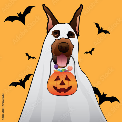 Ghost Doberman holding a trick-or-treat pumpkin for Halloween or Day of the Dead