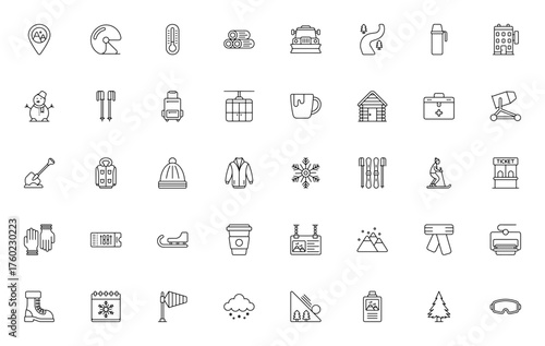 Ski resort icon set. Vector illustration. Includes smbols for skiing, snowboar, cable car, snowflake, hoel, cabin, winter clothes nd more. Editable stroke.