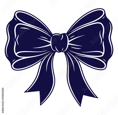 Elegant decorative blue ribbon bow with white outline isolated on a white background