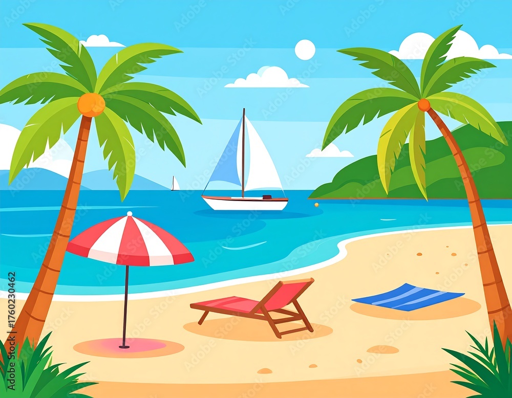 Obraz premium A vibrant, cartoon illustration of a sunny beach scene with palm trees, blue waters, a sailboat, and beach accessories