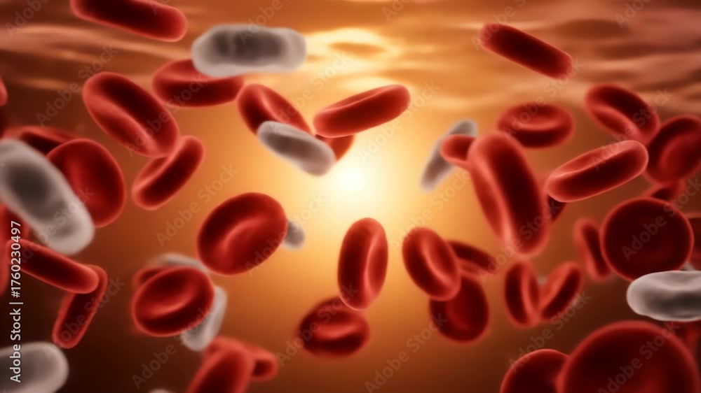 A detailed 3D rendering shows numerous red blood cells and a few white ...