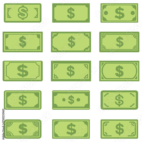 Various green dollar bills are depicted in rows over white background