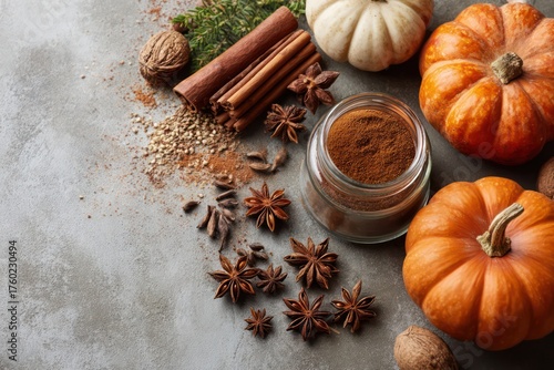 Composition of fall pumpkins alongside cinnamon sticks, star anise, nutmeg, and a jar of ground spice on a grey backdrop minimal