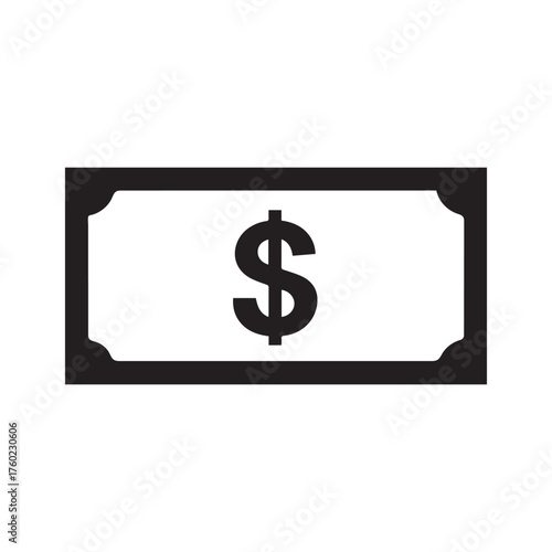 Black rectangular currency outline with a dollar symbol displayed centrally on a white background