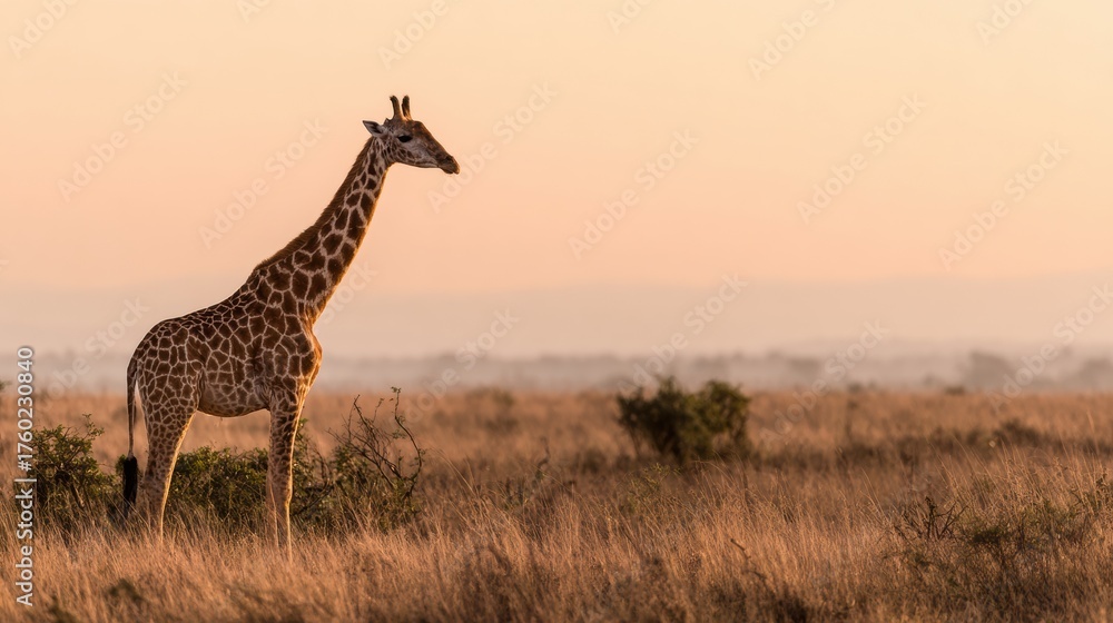 Obraz premium A lone giraffe gracefully poses in the evening light, surrounded by tall grasses and distant trees, showcasing the beauty of the African savanna.