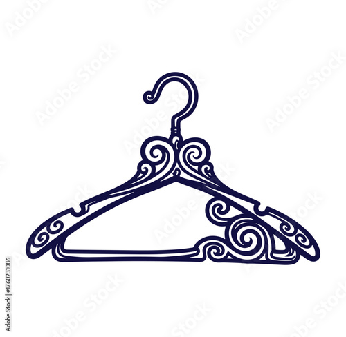 Elegant navy blue coat hanger silhouette with decorative swirls isolated on white background